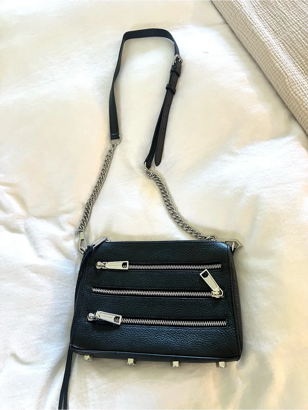 Rebecca Minkoff Black Leather Crossbody with Silver Zippers